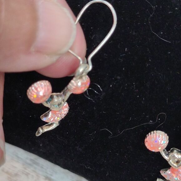 Cheerleader Earrings. Pink sequined look with silver tone - Picture 3 of 4